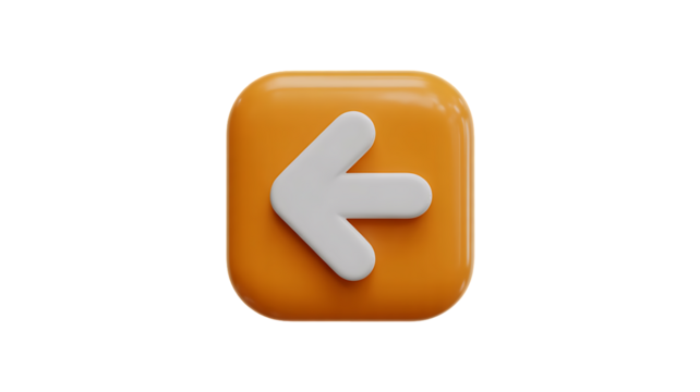 Orange square button with a white arrow pointing left isolated on transparent background, symbolizing direction, navigation, or a back function in a digital interface