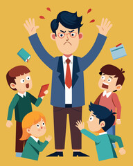 Fototapeta premium A teacher is bombarded by insults and accusations from students who refuse to take responsibility for their own actions.. Vector illustration
