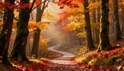 Naklejka premium Pathway covered with fallen autumn leaves in forest, warm sunlight filtering through trees, scenic fall landscape