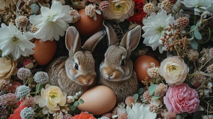 An adorable Easter-themed  with two bunnies peeking out from a bed of flowers and eggs. - Powered by Adobe