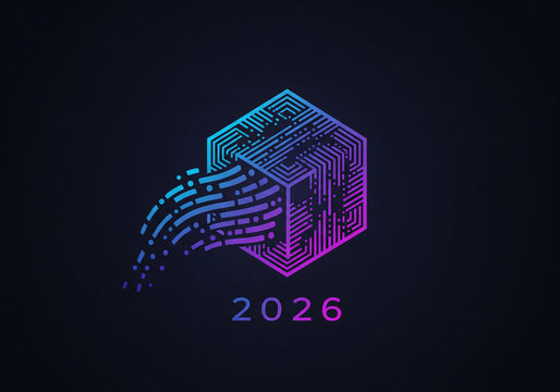 Sophisticated 2026 technology logo featuring a geometric cube with dynamic data streams, representing futuristic innovation and digital transformation