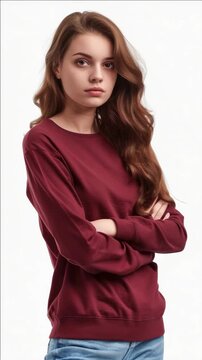 Young woman wearing maroon long-sleeve top with hands on hips, posing against white background.