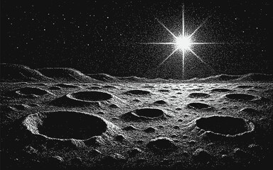 Black and white dotwork vector illustration of a cratered planetary surface illuminated by a bright distant star. Hand-drawn stippling style cosmic artwork in monochrome