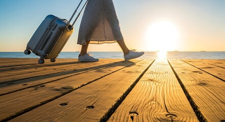 Woman Walking with Suitcase on Wooden Pier Towards Sunset Beach Vacation Travel