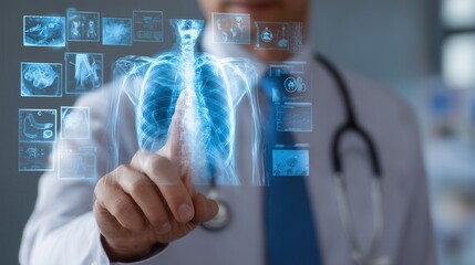 Medical professional analyzing virtual x-ray hologram of human chest.