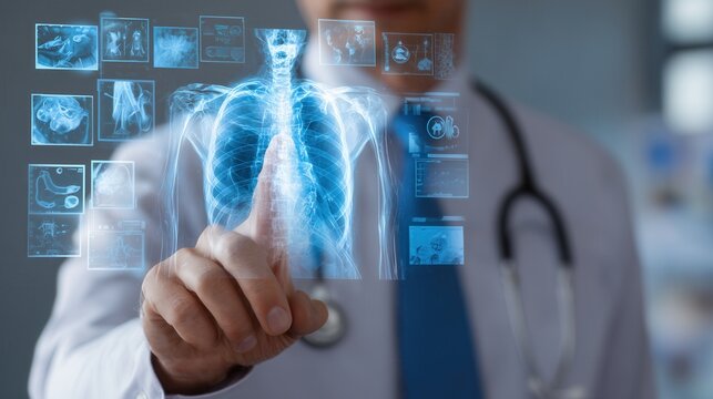Medical professional analyzing virtual x-ray hologram of human chest.