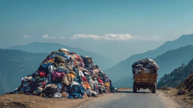 Huge piles of used clothing dumped in mountains with a truck nearby.