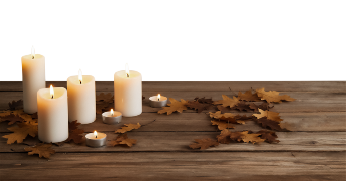 White candles and dry autumn leaves arranged on a wooden table. Isolated on transparent background, perfect for fall, Halloween, and seasonal design projects.
