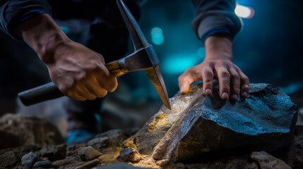 Macro shot &mdash; detailed view of miner&rsquo;s hands and steel tool impacting rock, subtle glow of headlamp creating contrast in dark mine environment, with copy space.