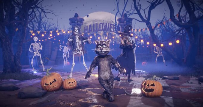 Halloween party. Funny dancing cat and in spooky graveyard with skeletons and pumpkins. 3D animated background for greeting cards, invitations, posters, events, parties