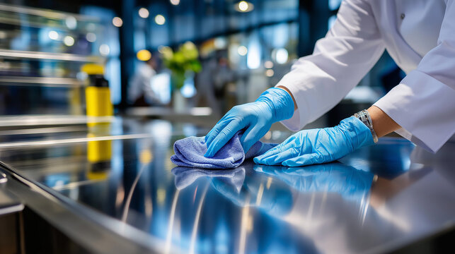 Modern food service environment — gloved worker cleaning shiny stainless surface, bright white reflections emphasizing spotless hygiene, with copy space.