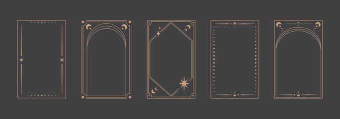 Empty Tarot card frame border templates. Elegant golden linear frame set with celestial and mystical geometric details. Esoteric border design with dots and corners, vector © Екатерина Тарасова