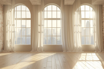 Bright airy room with large arched windows in minimal style