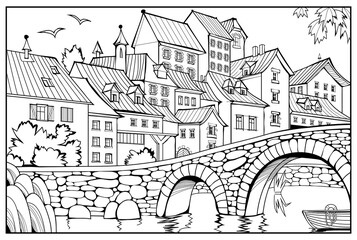 Obraz premium Coloring book for children. Fantasy illustration of an old cute town with stone bridge in France. Black and white drawing. Medieval architecture in western Europe, in Brittany. Hand drawn vector.