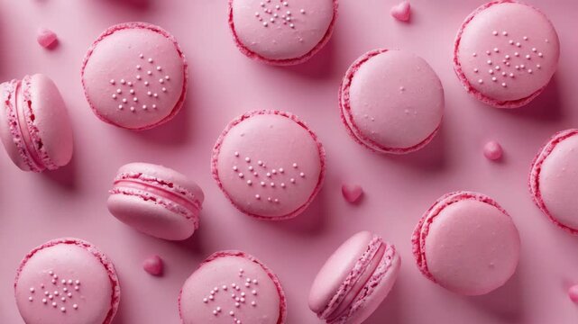 Pink macarons with hearts on them. There are many of them. They are on a pink background