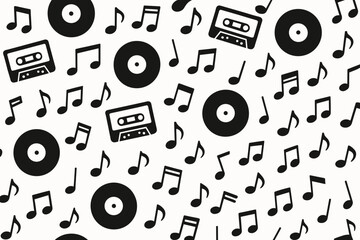 Music symbols and patterns featuring cassette tapes and vinyl records in black and white on a seamless design