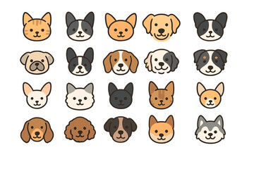 Cute and colorful cartoon dog faces with varying breeds on a white background