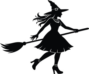 Witch Walking On Broom Handle Silhouette