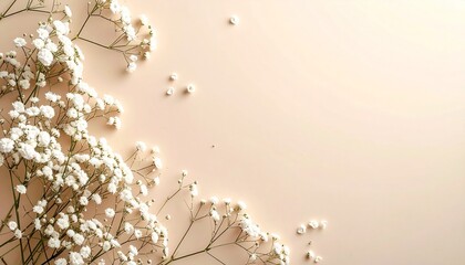 Minimalist Beige Background with White Baby&rsquo;s Breath Flowers