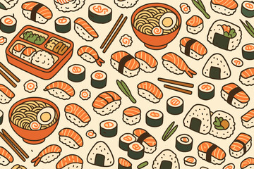 Colorful pattern of various sushi and noodle dishes arranged in a fun design on a light background