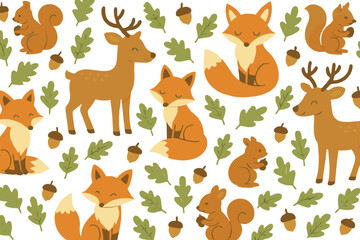 Cute woodland animals in playful designs with foxes, deer, and squirrels among acorns and leaves