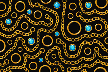 Intricate design of gold chains and blue gemstones against a black background