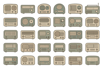 Collection of vintage radios displayed in a stylish pattern, showcasing various designs and details from different eras