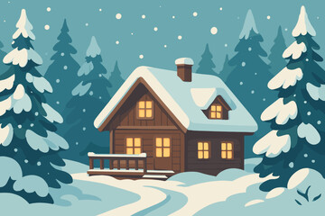 Cozy wooden cabin covered in snow surrounded by tall evergreen trees on a winter evening