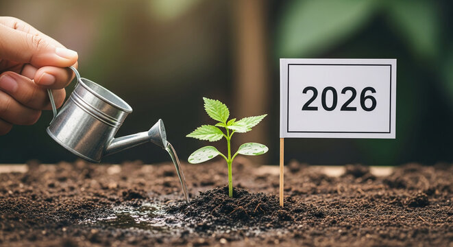 Hand watering green sprout, 2026 sign. Represents growth, future, investment, planning, and potential success, perfect for financial or ecological concepts