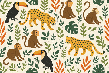 Naklejka premium Wild animals in a vibrant jungle setting with tropical plants and playful scenes featuring monkeys and leopards during daytime