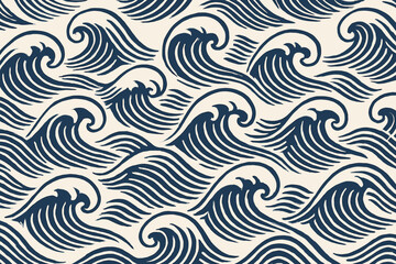 Fototapeta premium Waves pattern design featuring dark blue swirls on a light beige background, perfect for textiles or wallpaper