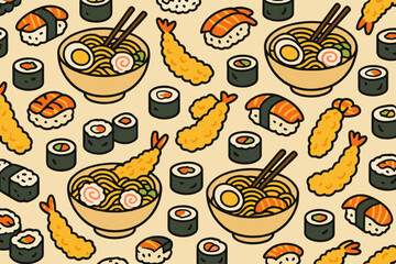 Fototapeta premium Colorful display of popular Japanese dishes featuring sushi, ramen, and tempura in a fun pattern design