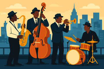 Fototapeta premium Jazz band performs on rooftop stage in city skyline during sunset with vibrant colors