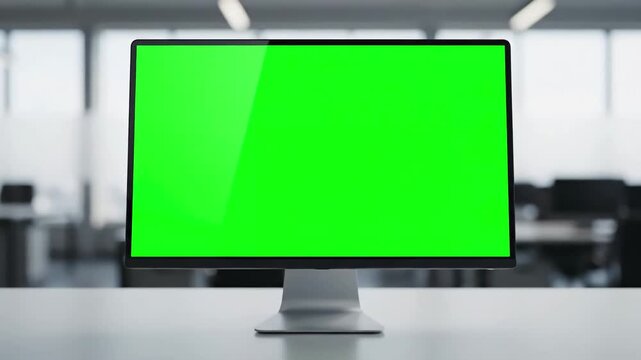 Minimalist Digital Workspace with Blank Green Screen view from the back on male and female office workers sitting at desk in front of computer they watching something its chroma key inside distortion