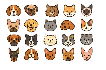 Collection of cute cartoon animal faces featuring various dog and cat breeds in a colorful grid layout