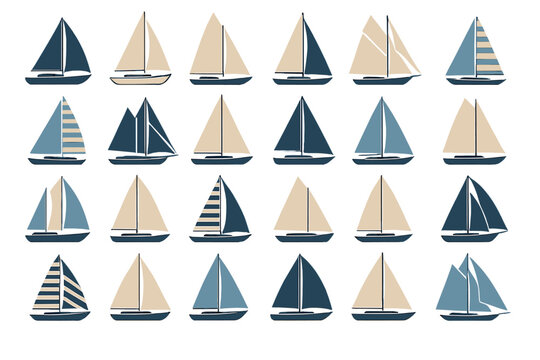 Collection of simple sailboat illustrations in various designs and colors on a light background