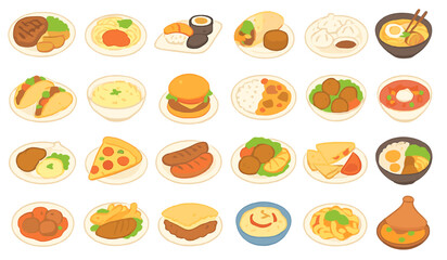 Explore a variety of delicious foods arranged in an appealing layout showcasing global cuisine and culinary delights