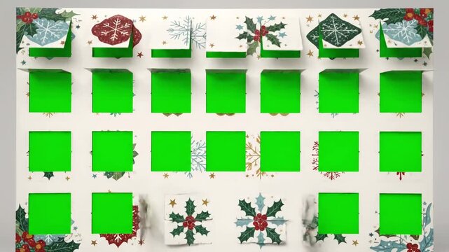 Seasonal Graphics with christmas advent calendar window reveals to green screen 24 illustrated windows animate open chroma distortion, overlay, glitch, static noise, scan lines on black background, 4k