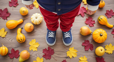 Top-down view of child with red trouser, blue shoe, colorful autumn leaf, gourd, and pear on wooden floor, reflecting season, harvest, autumn