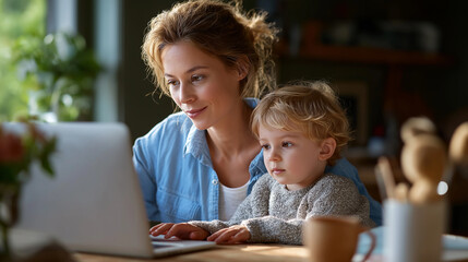 Woman working with laptop and her son at wooden desk in home office, under soft natural light highlighting multitasking and family, serene workplace scene, calm desk lighting, with