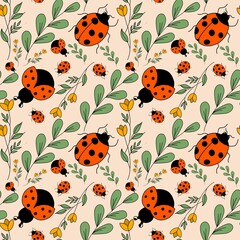 seamless pattern with ladybirds and flowers 