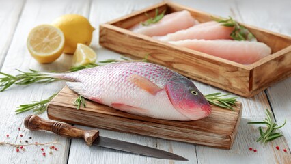 
Tilapia on a wooden board and tilapia fillets on a tray