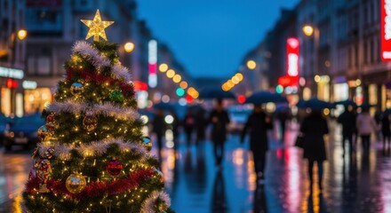 A decorated christmas tree with a star on top stands on a wet city street at dusk, with blurred pedestrians and car lights in the background