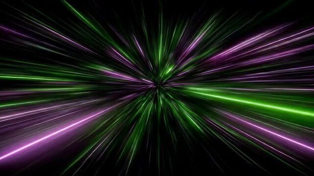 Dynamic abstract background of green and purple neon light streaks in motion, creating a fast-paced tunnel effect with glowing lines