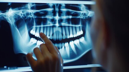 Close up over the shoulder shot of a dentist or orthodontist analyzing a digital panoramic dental x ray on a glowing screen, pointing at the jaw and teeth to diagnose a medical condition