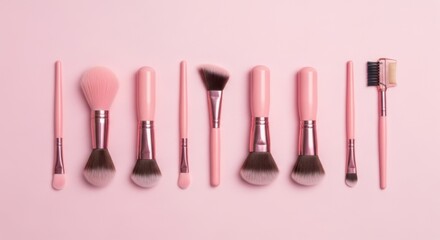 A collection of pink makeup brushes arranged neatly in a row on a plain pink background, showcasing beauty tools for application