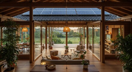 Eco-Friendly Home Interior with Solar Panels and Nature Views