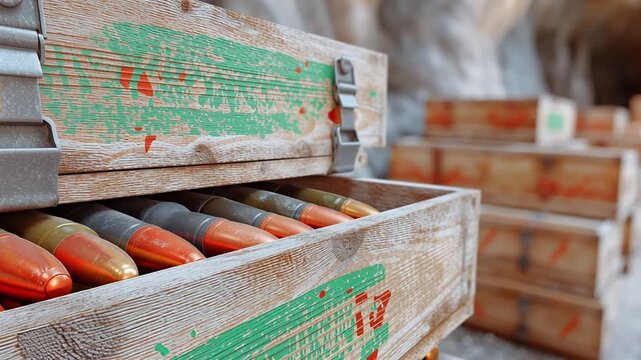 Close up view of open wooden crates filled with large caliber artillery shells and bullets, revealing a substantial cache of military supplies and weaponry stored inside a large depot or bunker