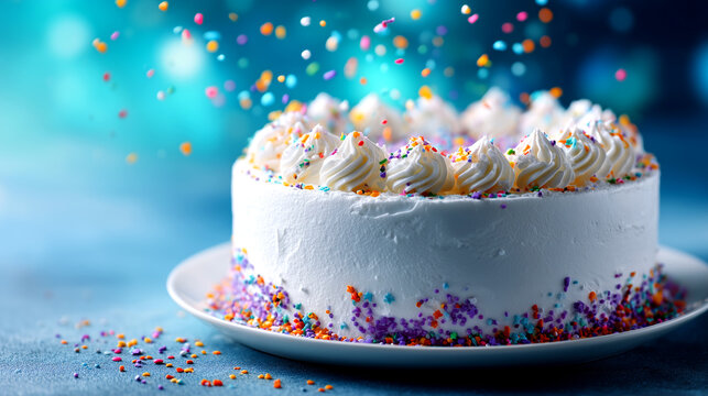 Celebrate joy with a stunning white cake adorned with festive sprinkles and swirling cream frosting, perfect for any happy occasion.
