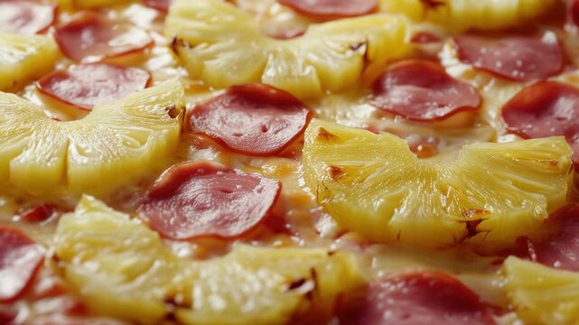 A mouth-watering pizza topped with juicy pineapple chunks and spicy pepperoni, ready to be enjoyed.